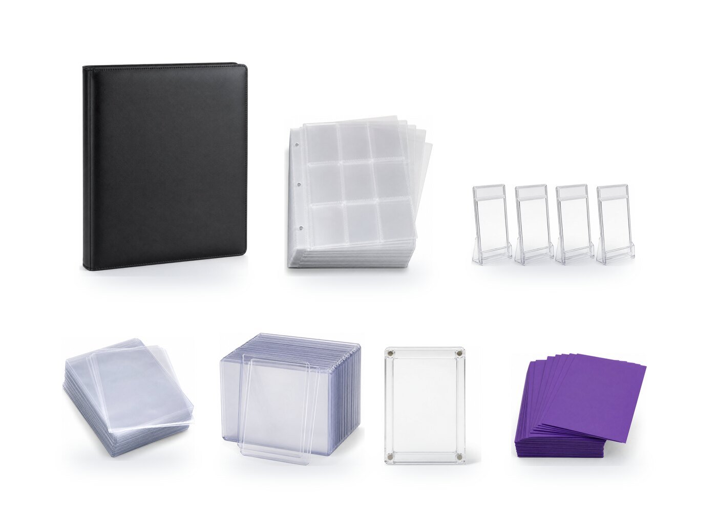 Card binder, 9-pocket binder pages, graded card stands, clear sleeves, top loaders, a magnetic card holder and purple sleeves