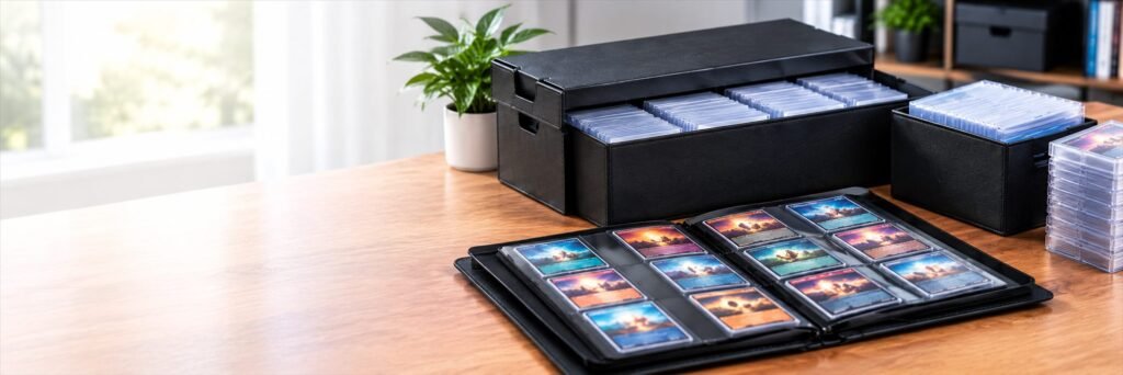 Card storage boxes filled with top loaders next to an open zip binder of sleeved cards