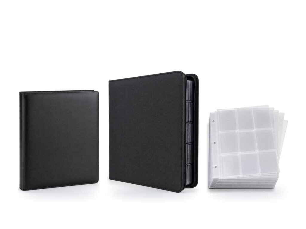 Two black card binders and a pack of 9-pocket binder pages