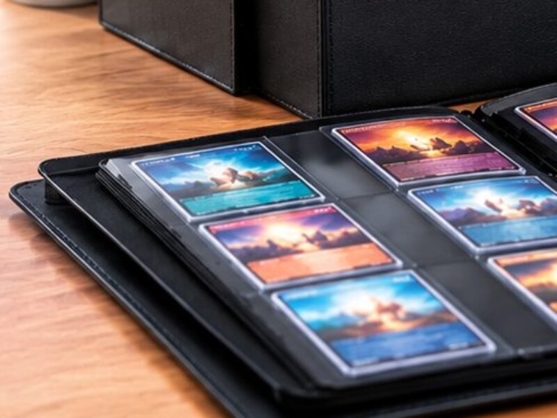 Open zip binder with sleeved cards in 9-pocket pages