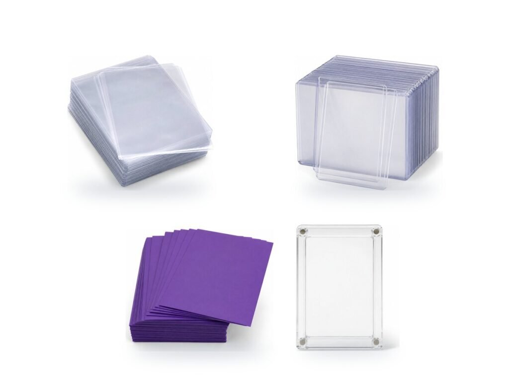 Clear card sleeves, rigid top loaders, purple card sleeves and a magnetic card holder