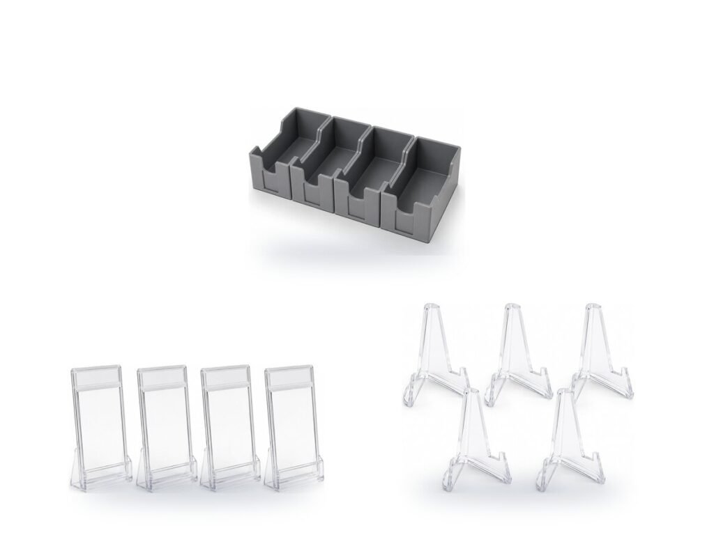 Card sorting tray set, graded card display stands and clear acrylic display stands