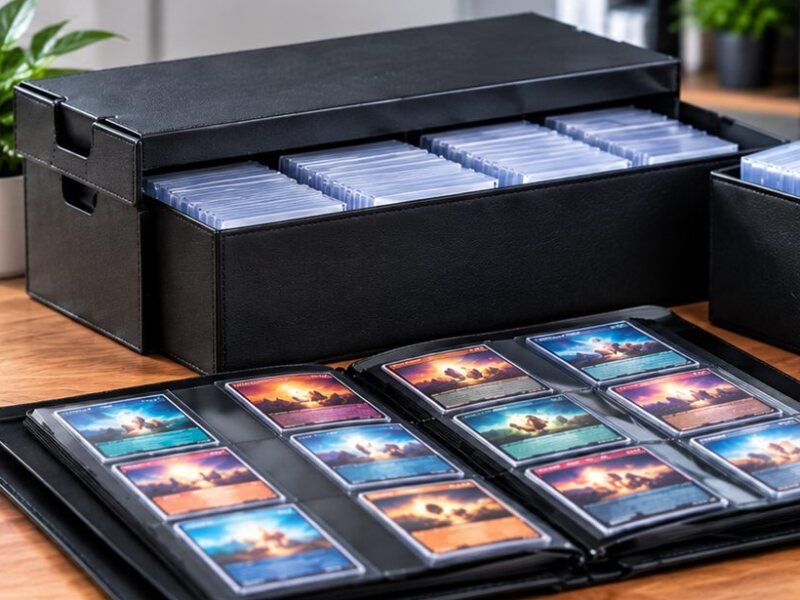 Black card storage box with rows of top loaders inside