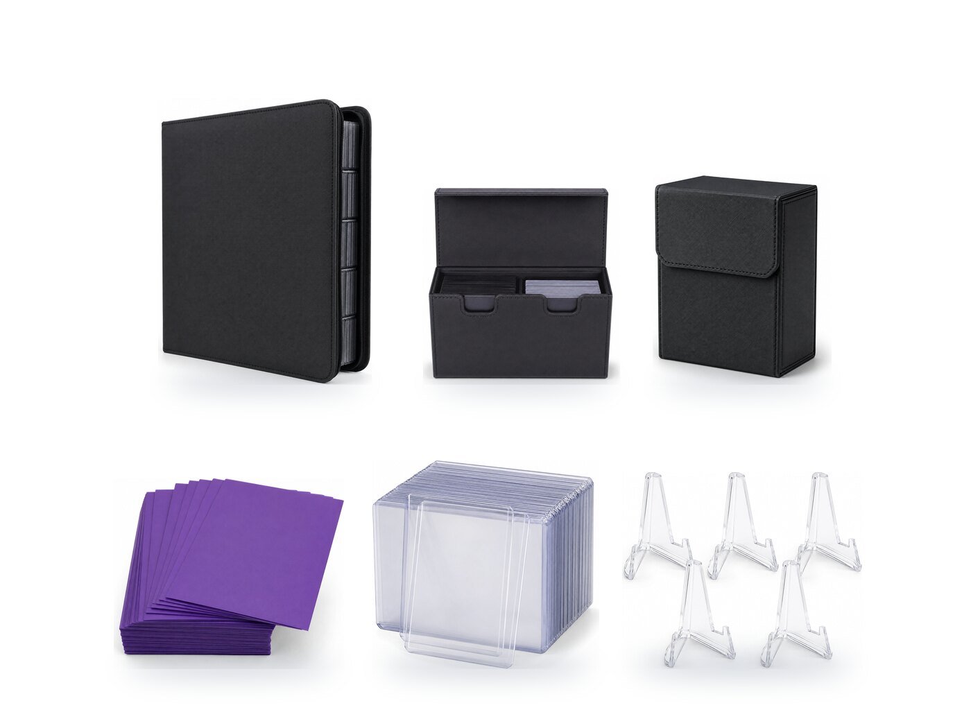 Card binder, deck boxes, purple card sleeves, clear top loaders and acrylic display stands on a white background