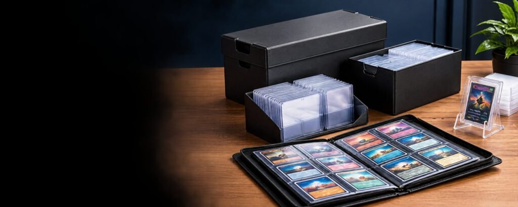 Black card storage boxes, top loaders, an open 9-pocket binder and a card display stand on a wooden desk