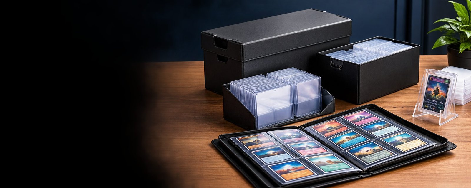 Black card storage boxes, top loaders, an open 9-pocket binder and a card display stand on a wooden desk