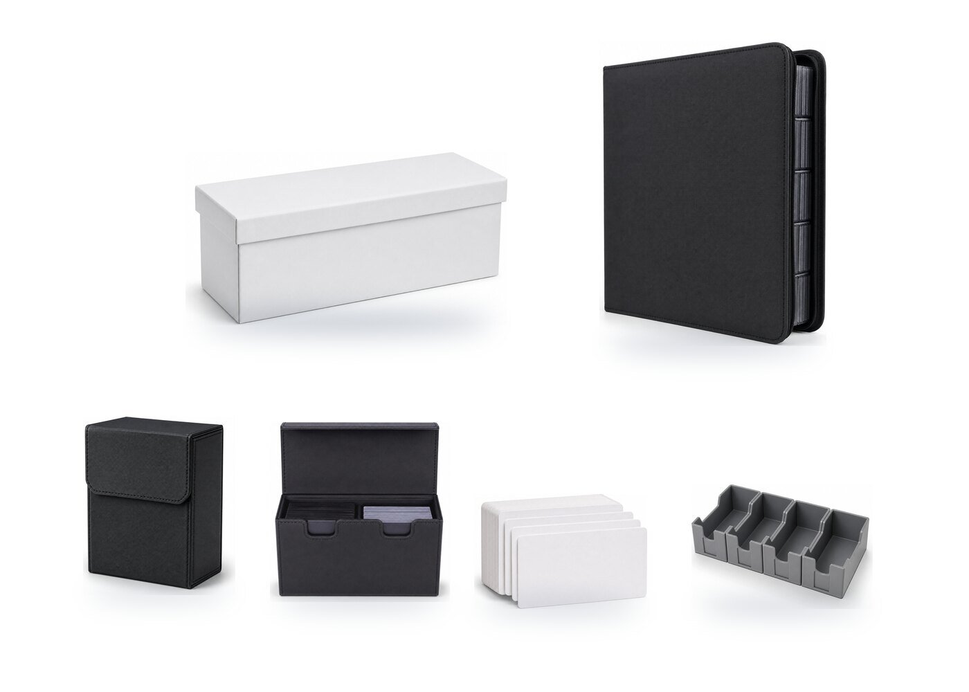 Long card storage box, zip binder for top loaders, two deck boxes, card dividers and a sorting tray set
